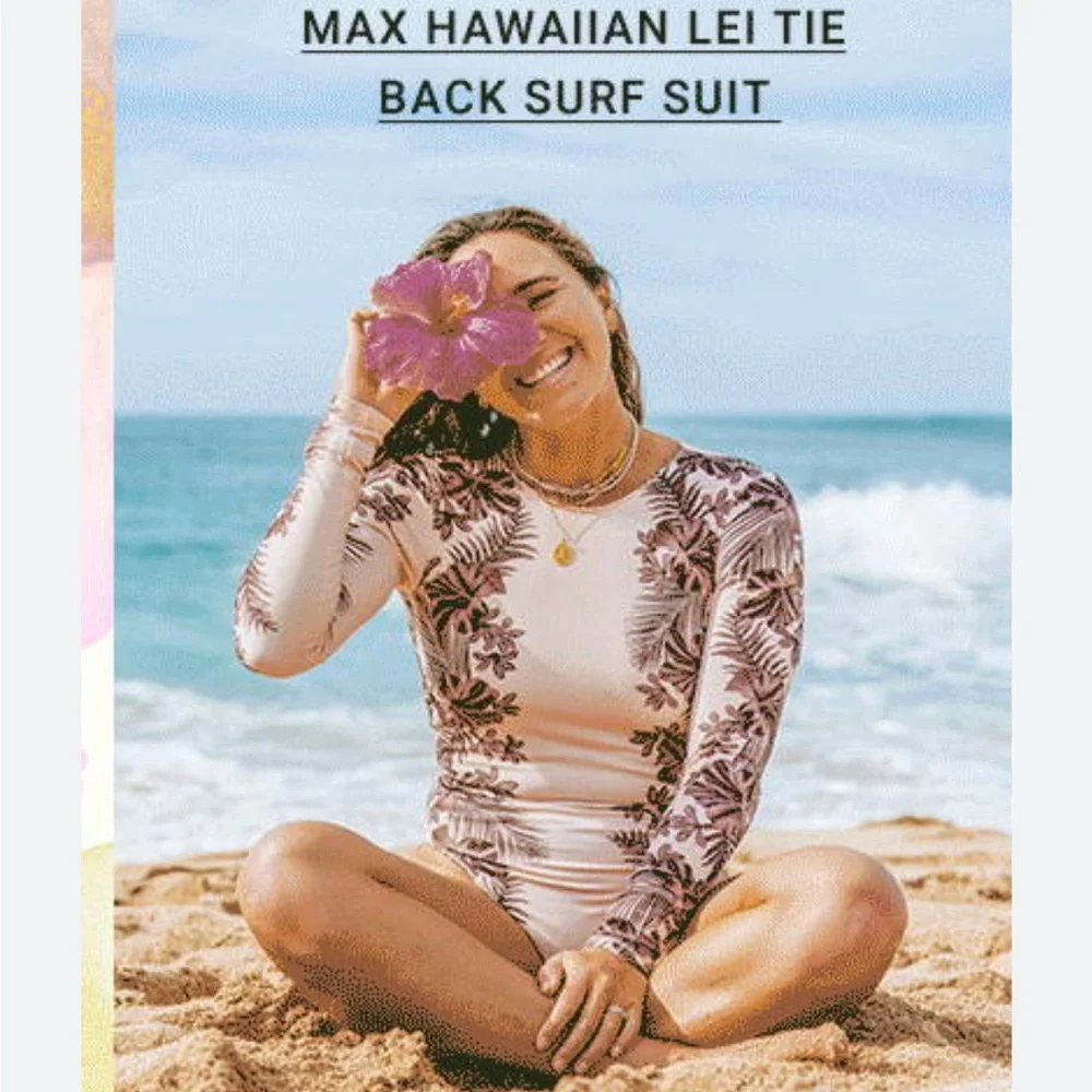 NWT Hurley X Carissa Moore Hawaiian lei tie back surf suit. Peach/Brown - Picture 4 of 8